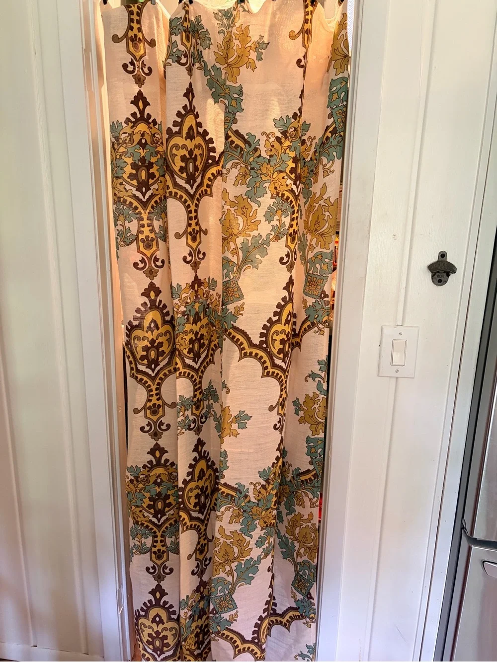 4 panels! World Market Cream Curtains with Teal and Brown Damask Pattern!